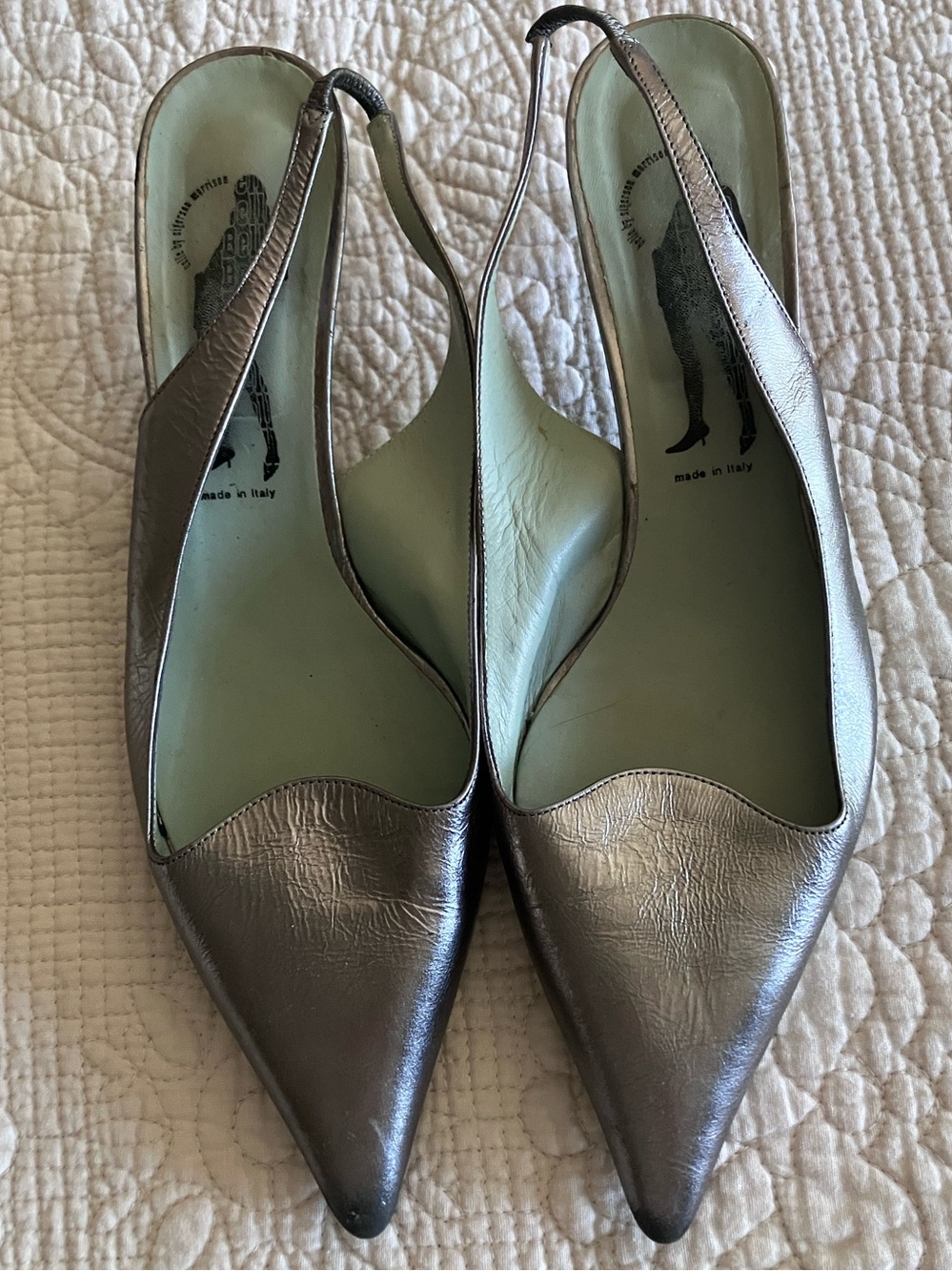 Belle by Sigerson Morrison Metallic Silver Pointed Slingback Kitten Heels